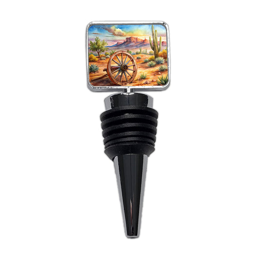 Southwest Desert With Abandoned Wagon Wheel Watercolor Wine Bottle Stopper