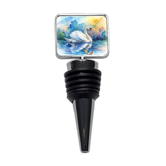 Swan Gliding Across Lake Watercolor Wine Bottle Stopper