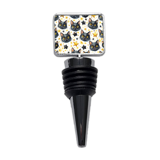 Sweet Black Cat Faces Yellow Stars Wine Bottle Stopper