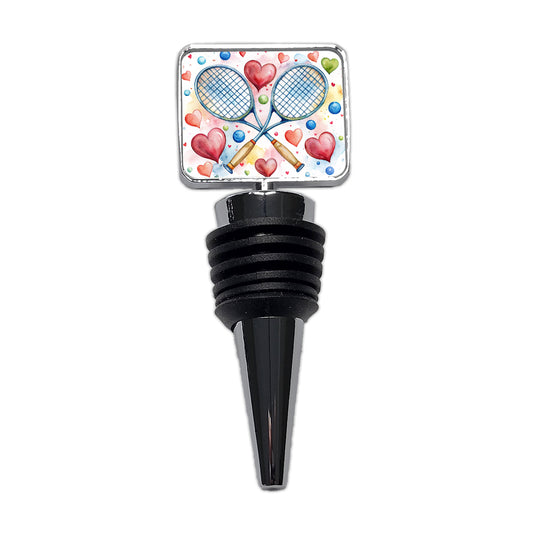 Tennis Rackets Crossed With Hearts Watercolor Wine Bottle Stopper