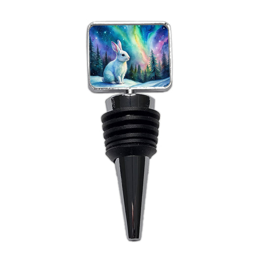 White Bunny Rabbit And Northern Lights Watercolor Wine Bottle Stopper