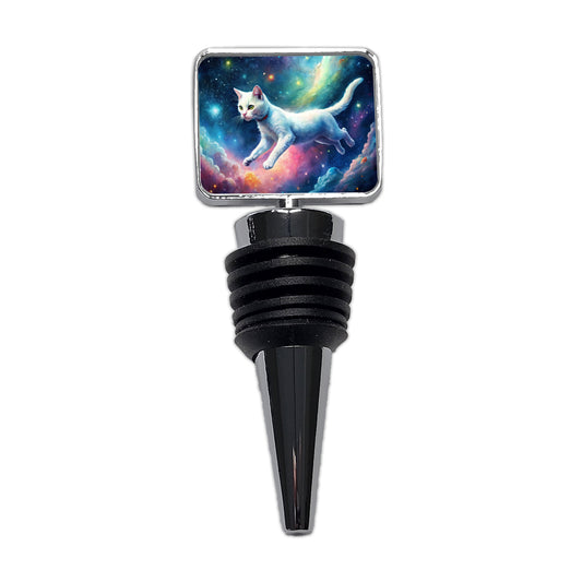 White Cat Flying Through Space Funny Watercolor Wine Bottle Stopper
