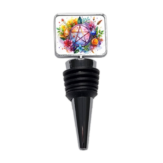 Witch Wiccan Pentagram Floral Watercolor Wine Bottle Stopper