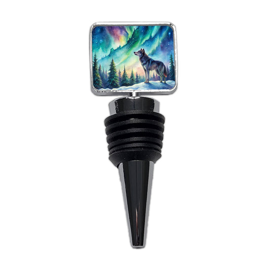 Wolf And Northern Lights Watercolor Wine Bottle Stopper