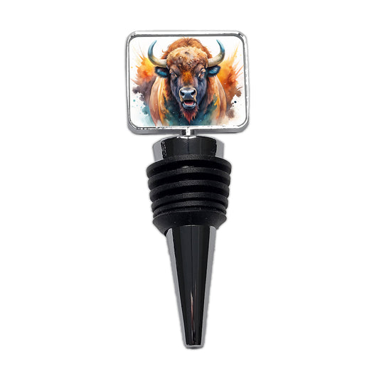 Angry American Bison Buffalo Watercolor Wine Bottle Stopper