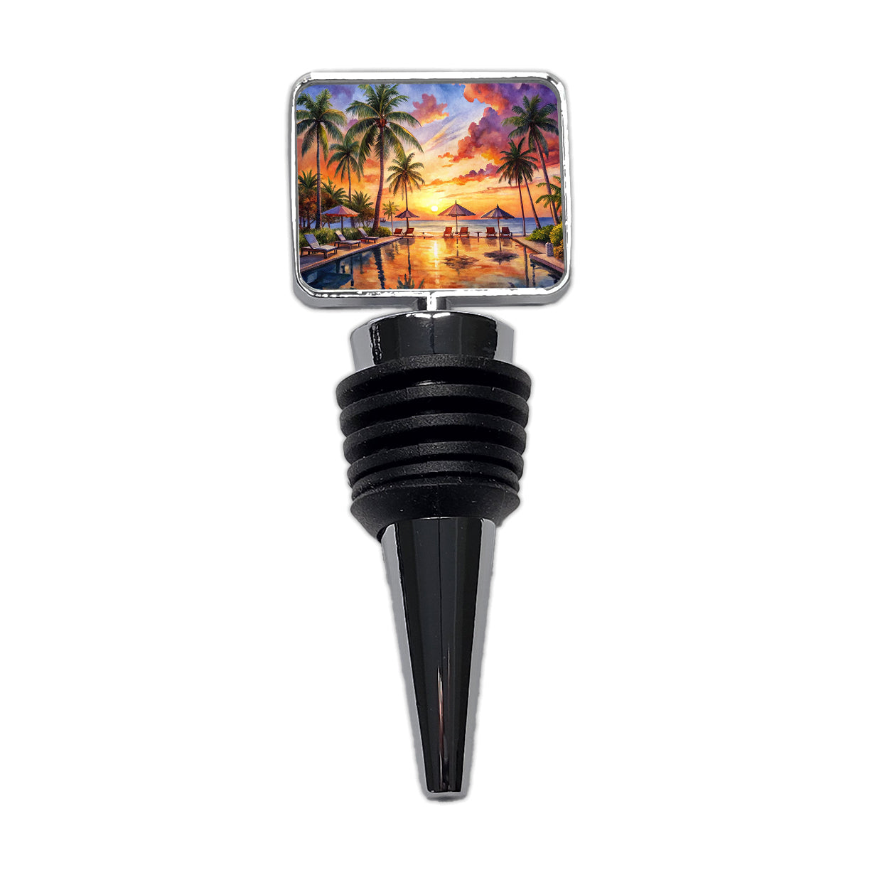 Beach Resort At Sunset Sunrise Tropical Watercolor Wine Bottle Stopper