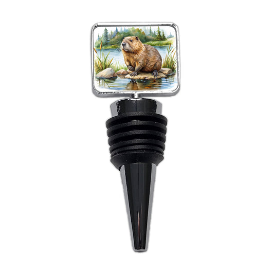 Beaver in the Pond Dam Watercolor Wine Bottle Stopper