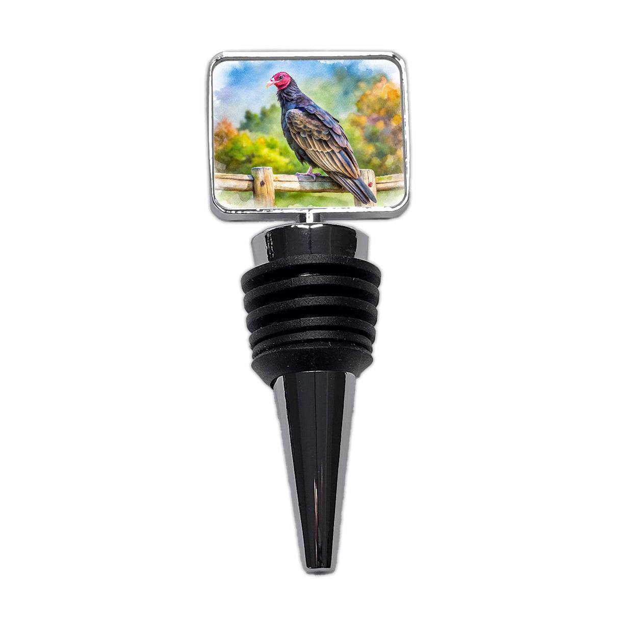 Black Turkey Vulture Sitting On Fence Watercolor Wine Bottle Stopper