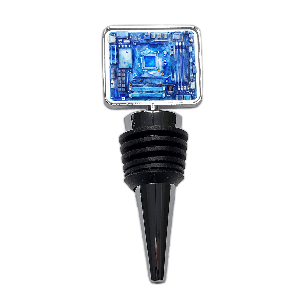 Blue Computer Motherboard Watercolor Wine Bottle Stopper