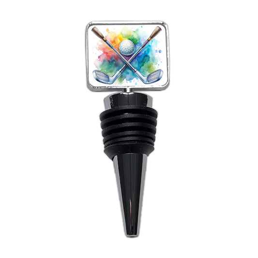 Crossed Golf Clubs And Ball Watercolor Wine Bottle Stopper
