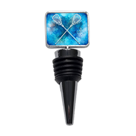 Crossed Lacrosse Sticks On Blue Background Wine Bottle Stopper