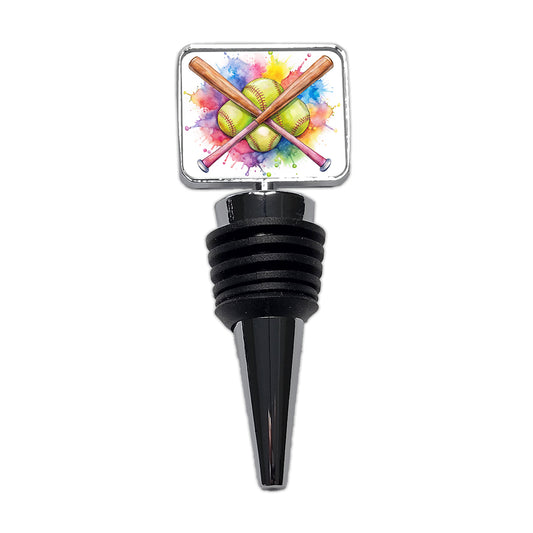 Crossed Softball Bats And Balls Watercolor Wine Bottle Stopper