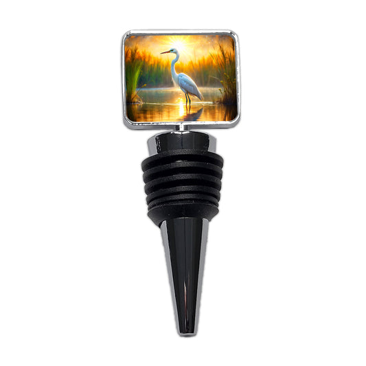 Egret Standing In Pond Backlit By The Sun Watercolor Wine Bottle Stopper