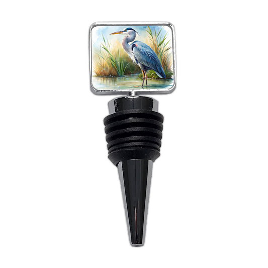 Great Blue Heron Standing In Marsh Pond Watercolor Wine Bottle Stopper