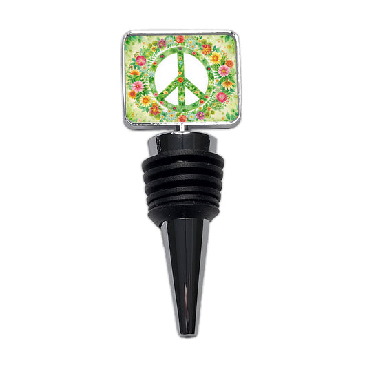 Green Peace Symbol Hippie Floral Watercolor Wine Bottle Stopper