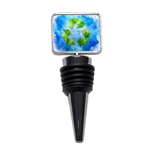Green Recycle Symbol On A Blue Background Watercolor Wine Bottle Stopper