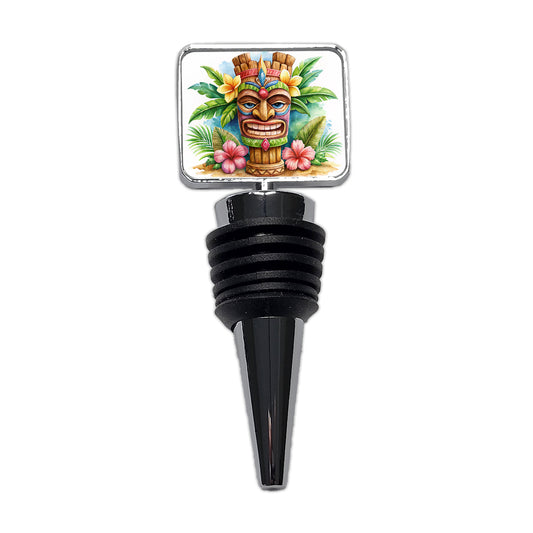 Hawaiian Tiki Statue Watercolor Wine Bottle Stopper