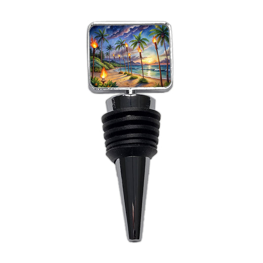 Hawaiian Tropical Beach Scene At Night Lit With Tiki Torches Wine Bottle Stopper