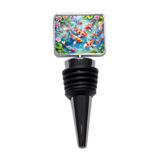 Japanese Koi Pond Scene Watercolor Wine Bottle Stopper