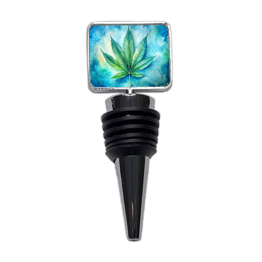 Marijuana Leaf on Blue Background Watercolor Wine Bottle Stopper