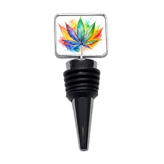 Marijuana Leaf Rainbow Watercolor Wine Bottle Stopper