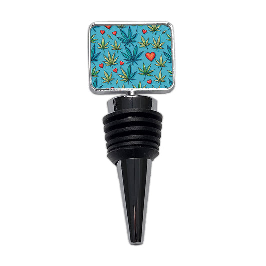 Marijuana Leaves And Hearts Blue Background Wine Bottle Stopper