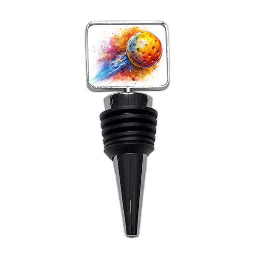 Pickleball Ball Rocketing Through The Air Watercolor Wine Bottle Stopper