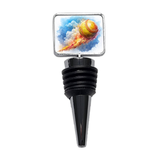 Softball Rocketing Through The Sky Watercolor Wine Bottle Stopper
