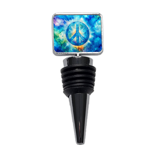 Solid Blue Peace Symbol Tie Dye Background Hippie Watercolor Wine Bottle Stopper