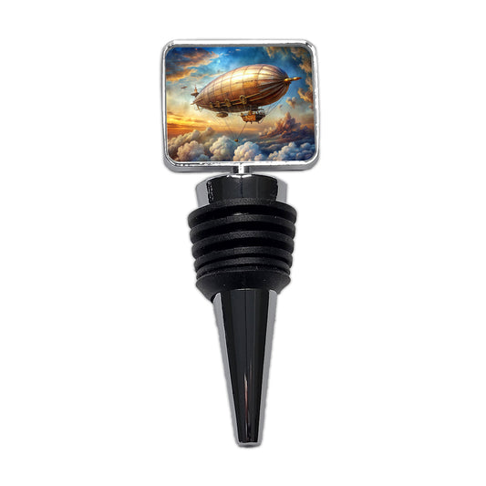 Steampunk Airship Dirigible Flying in Cloudy Sky Fantasy Sci-fi Wine Bottle Stopper