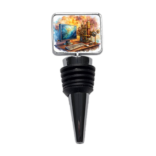 Steampunk Desktop PC Computer Fantasy Sci-fi Watercolor Wine Bottle Stopper