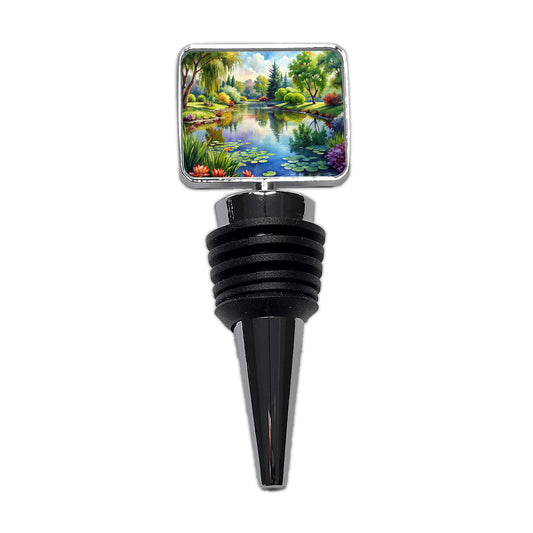 Tranquil Pond Scene Watercolor Wine Bottle Stopper
