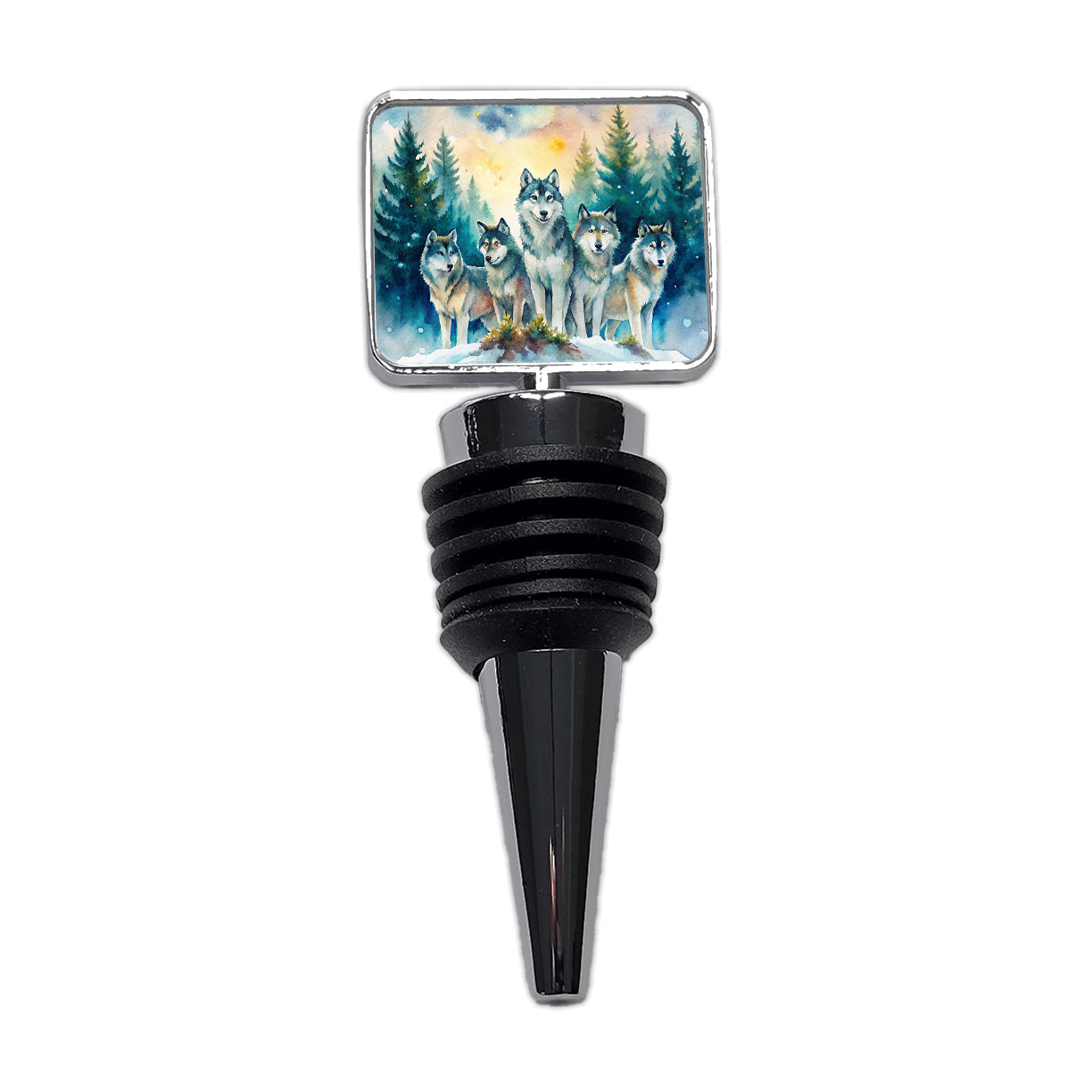 Wolfpack Snowy Forest Wolf Scene Watercolor Wine Bottle Stopper