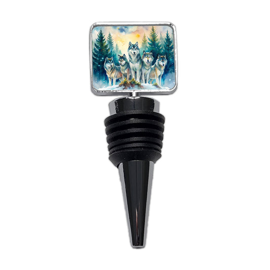 Wolfpack Snowy Forest Wolf Scene Watercolor Wine Bottle Stopper