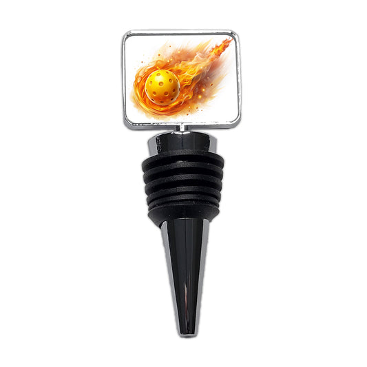 Yellow Pickleball Ball Rocketing Through The Air Wine Bottle Stopper
