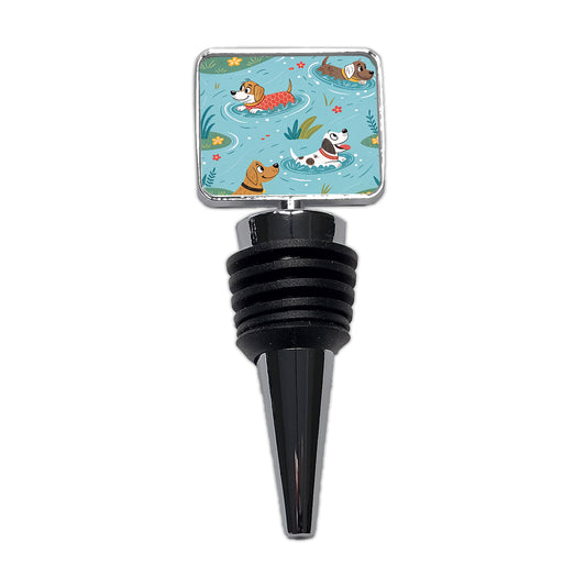 Dogs Swimming Playing In Pond Wine Bottle Stopper