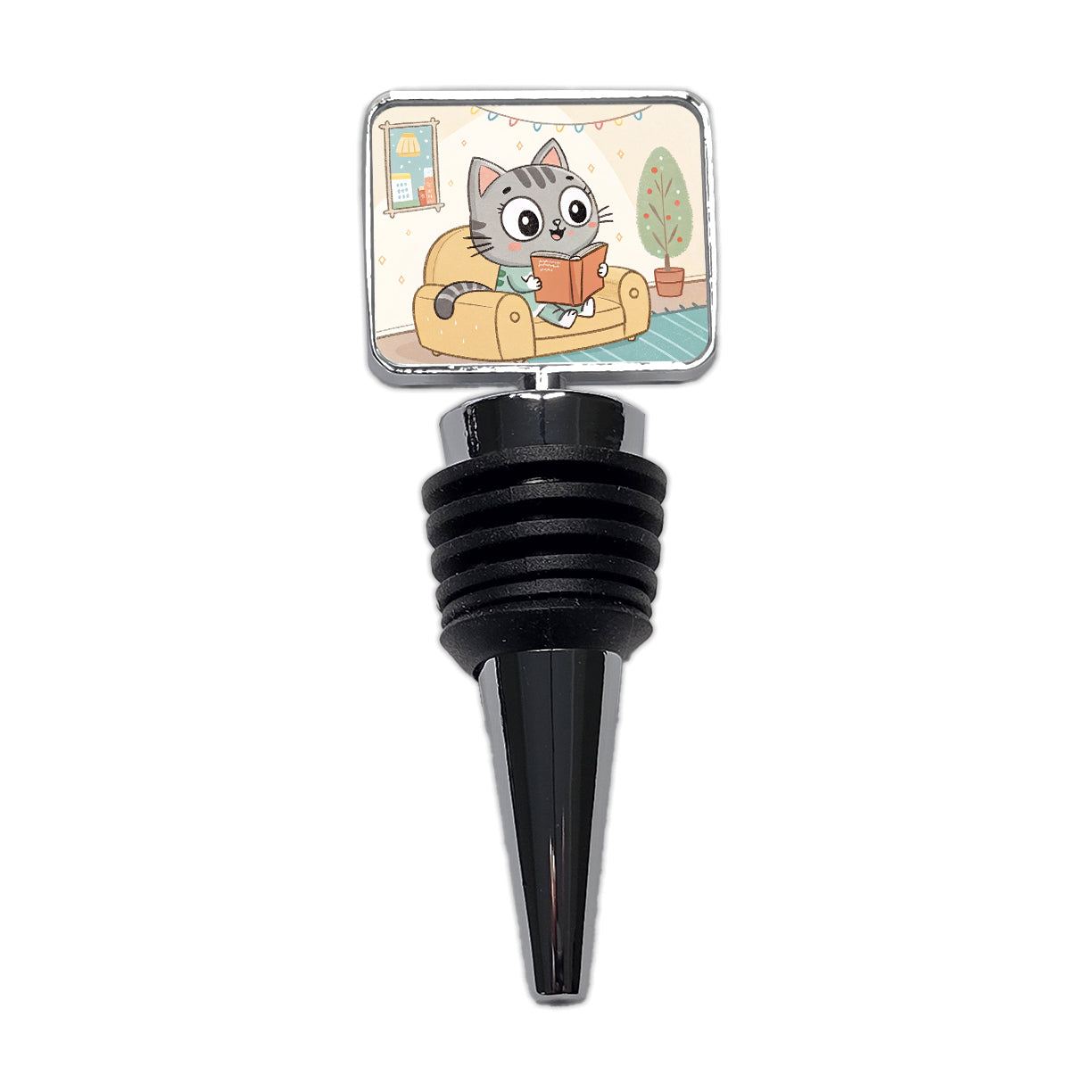 Kawaii Cat Reading Book On Couch Reader Wine Bottle Stopper