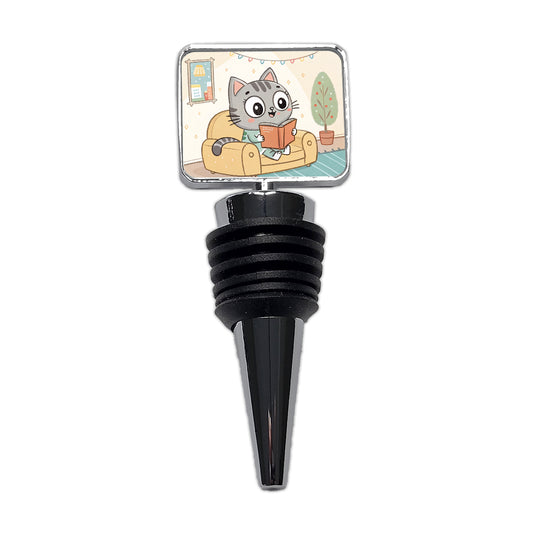 Kawaii Cat Reading Book On Couch Reader Wine Bottle Stopper
