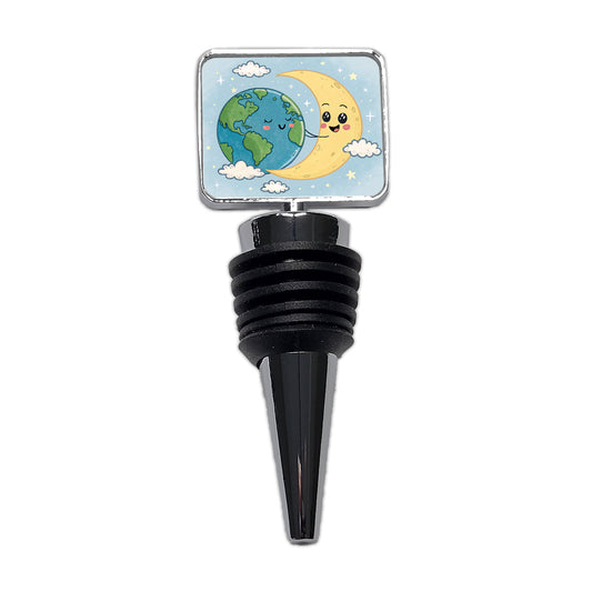 Kawaii Earth And Crescent Moon Wine Bottle Stopper