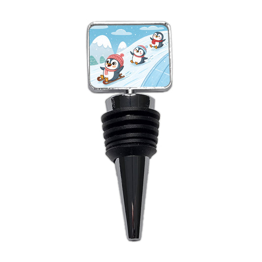 Kawaii Penguins Sledding Snow Wine Bottle Stopper
