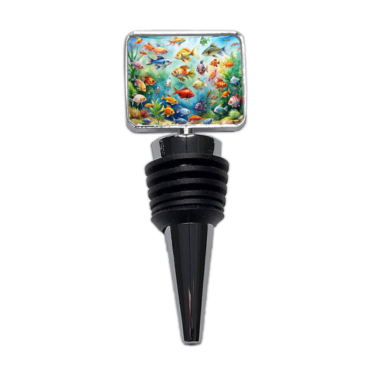 Aquarium Full Of Fish Watercolor Wine Bottle Stopper