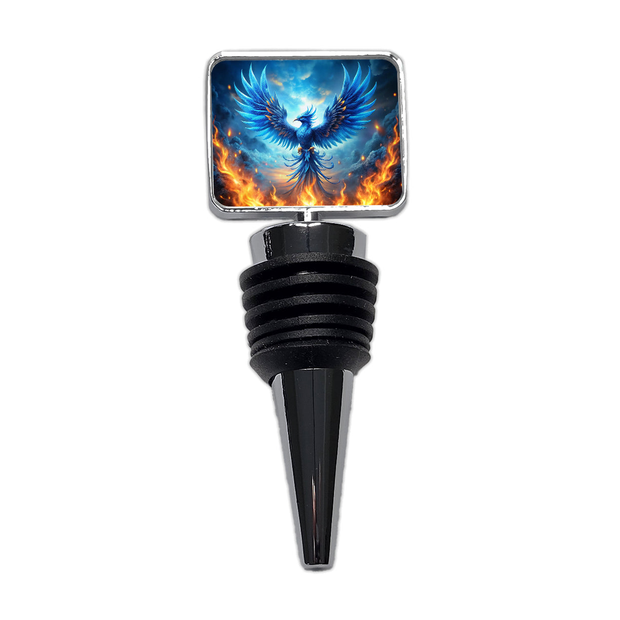 Blue Flaming Phoenix Rising From Ashes Fantasy Bird Wine Bottle Stopper