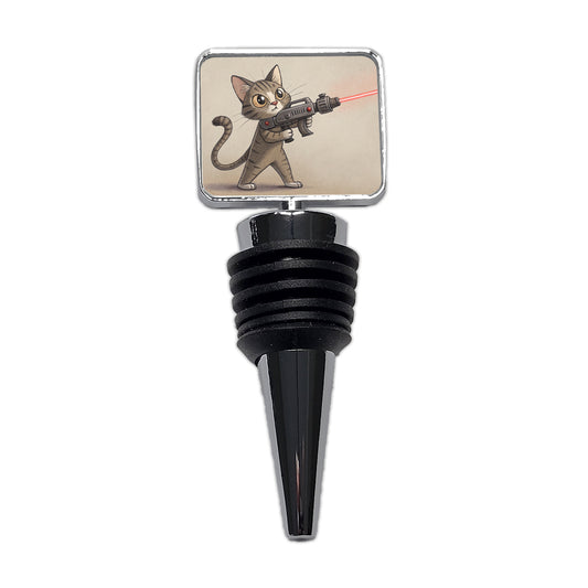 Cat With Laser Gun Sci-fi Cartoon Wine Bottle Stopper