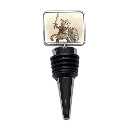 Cat With Sword And Shield Fantasy Medieval Cartoon Wine Bottle Stopper