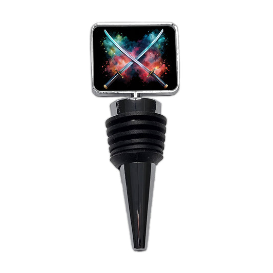 Crossed Katana Samurai Ninja Swords Black Watercolor Wine Bottle Stopper
