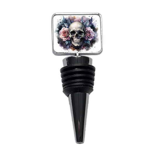 Death Skull Roses Black Watercolor Wine Bottle Stopper