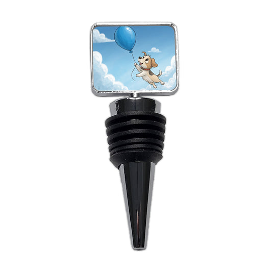 Dog Carried by Blue Balloon into the Sky Wine Bottle Stopper