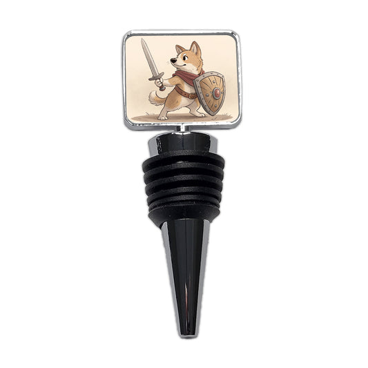 Dog With Sword And Shield Fantasy Medieval Cartoon Wine Bottle Stopper