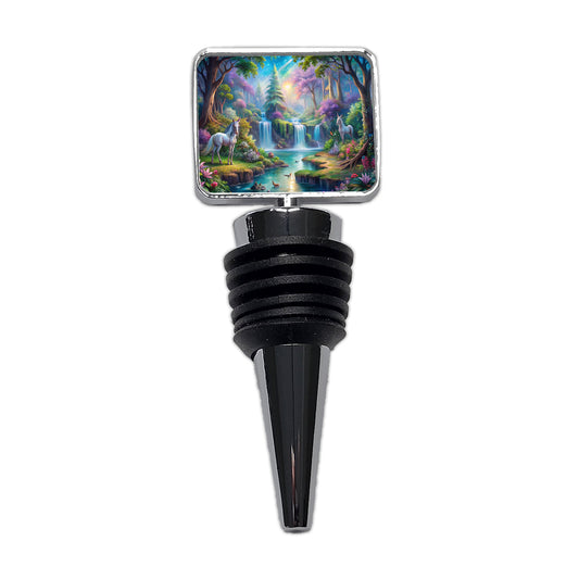 Fantasy Forest Waterfalls and White Horses Watercolor Wine Bottle Stopper