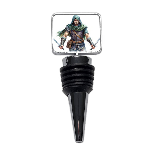 Fantasy Male Thief Rogue with Daggers Watercolor Wine Bottle Stopper